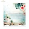 plaża, morze, ocean, tło, muszle, rozgwiazdy, kwiaty, hibiskus, hortensja, liście tropikalne, monstera, palmy, wybrzeże, piasek, egzotyczny, złote plamki, akwarela